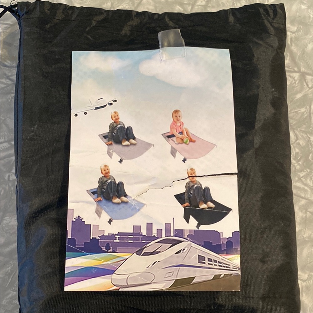 Black Drawstring Bag with Train and Children Design
